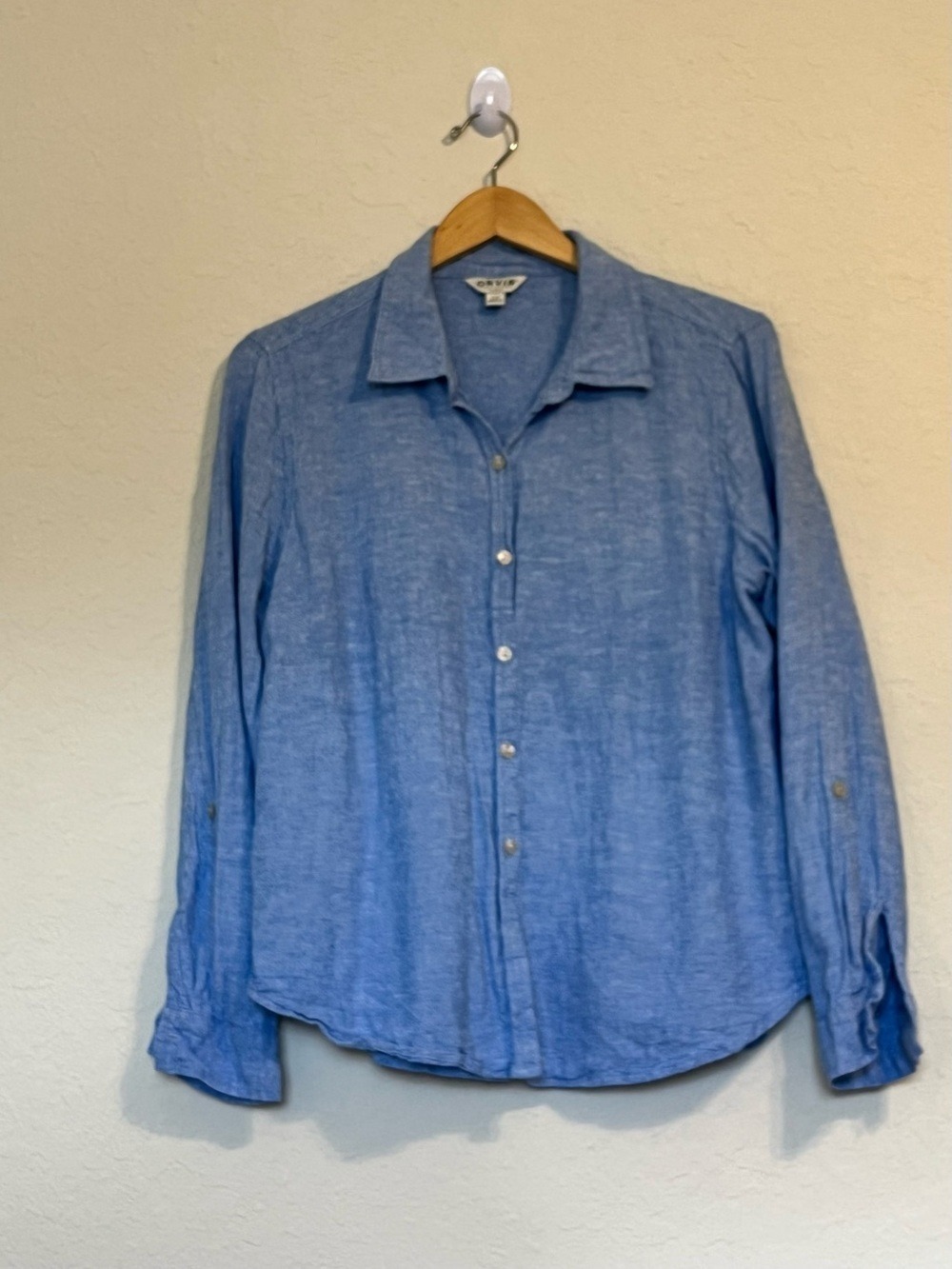 Orvis Linen Blend Button Front Shirt Blue Roll Tab Sleeve Lightweight Large